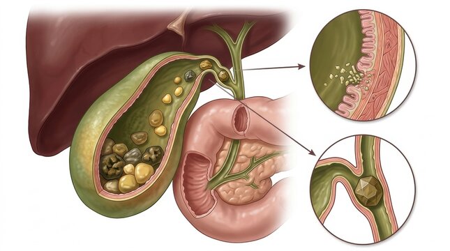Illustration of gallstones within the gallbladder and bile duct