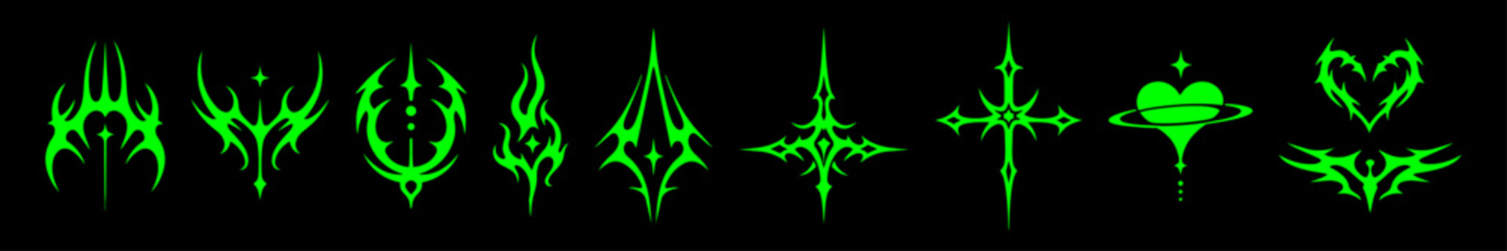 Neo tribal elements in Y2K gothic style, cyber sigilism spikes and sparks with spiky aesthetic forms. Dark edgy tattoo inspired digital art vector set for underground and alternative design