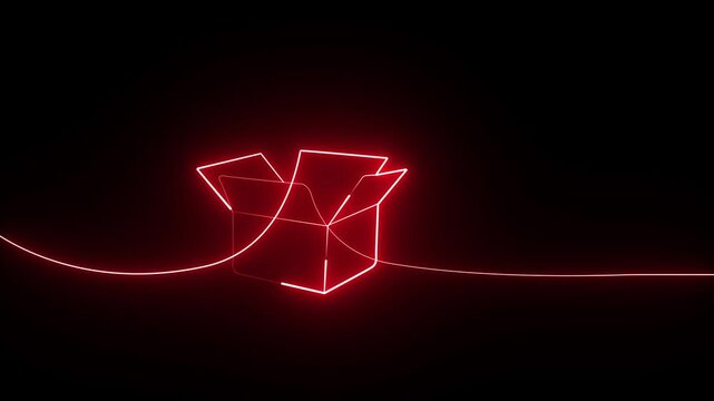 Continuous line neon red open cardboard box looping animation on black background, unboxing and delivery concept