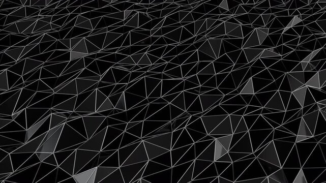 Futuristic technology background with looping 3d black polygon waves and white grid lines, seamless animation of plexus mesh. 3d rendering not AI
