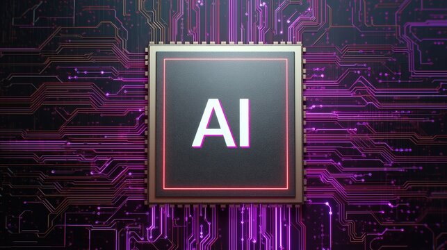 Vertical low-angle closeup of stylized AI computer chip with red outline, metallic texture chip on purple glowing circuit board, futuristic luminous circuit network, dark blurred background, shallow d