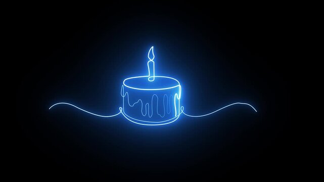 Continuous line neon blue birthday cake loop animation, glowing minimalist dessert with candle celebration concept