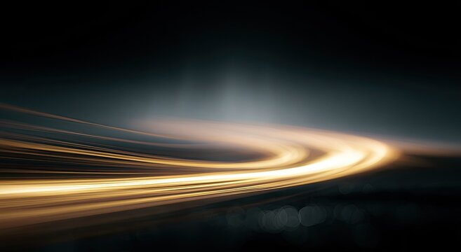 Golden light trails curve across dark expanse with glowing bokeh below