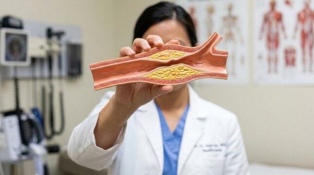 Doctor demonstrates artery model showing plaque buildup and atherosclerosis