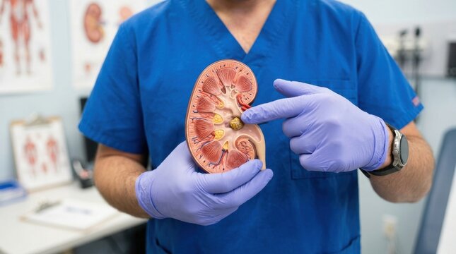 Doctor points to kidney stone in anatomical model during medical consultation