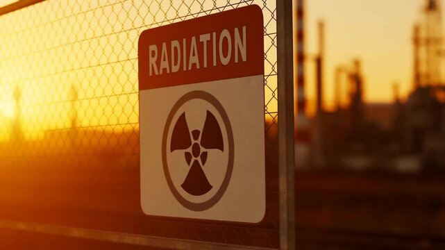 Industrial warning sign with glowing sunset in background