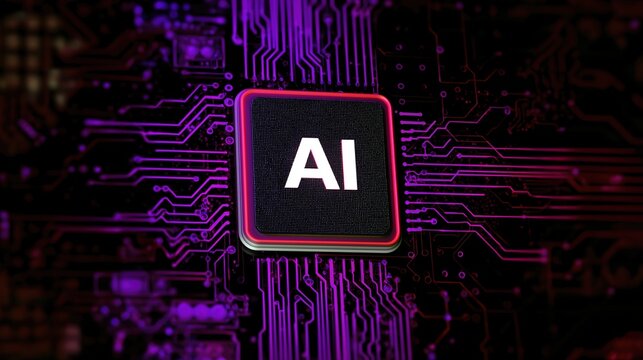 Vertical low-angle closeup of stylized AI computer chip with red outline, metallic texture chip on purple glowing circuit board, futuristic luminous circuit network, dark blurred background, shallow d