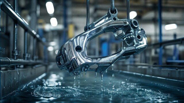electroplating. An industrial electroplating bath lifting a metal part with a shiny silver coating. safety posters, maintenance manuals, designed for industrial assembly lines and welding operations.