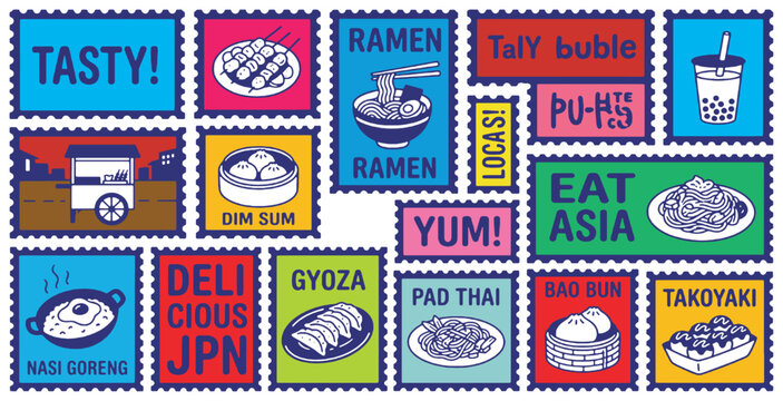 A vibrant collage of Asian food stamps featuring ramen, gyoza, pad thai, takoyaki, and bubble tea.