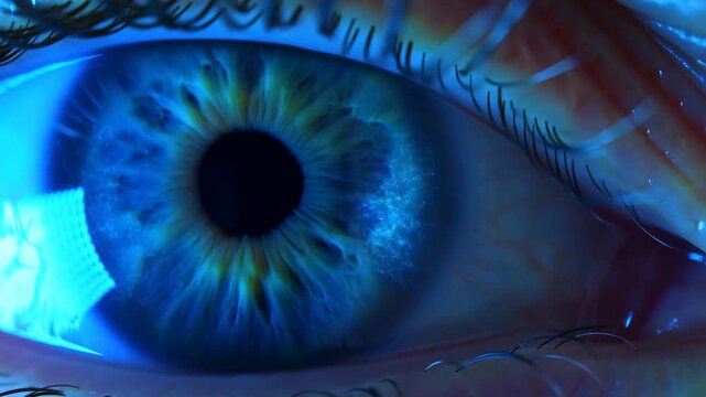 Macro tracking slow motion close up of human eye iris reflecting light and focusing pupil in studio laboratory setting with blue cyan illumination