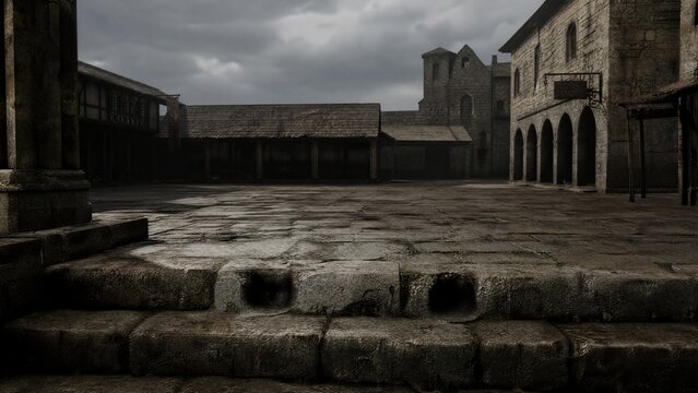 indentations. Empty ancient market square with stone steps showing indentations where a pillory once stood. event programs, museum guides, designed for cultural heritage projects and event programs.