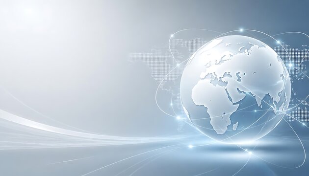 Elegant silver corporate background with white globe and orbit lines