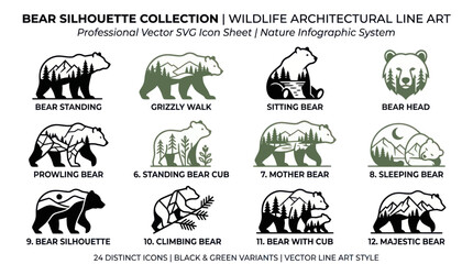 Bear Silhouette Vector Icons Collection: Wildlife Nature Line Art © Roni