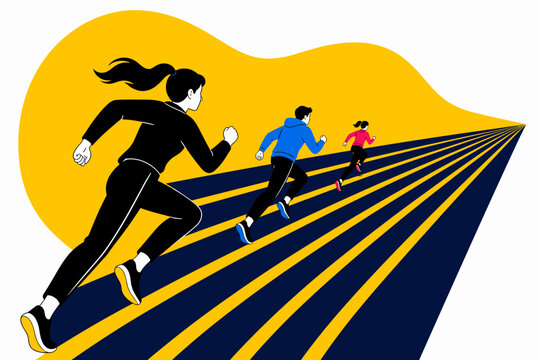 Dynamic illustration of three runners in motion, featuring a modern flat design with vibrant colors and a sporty theme