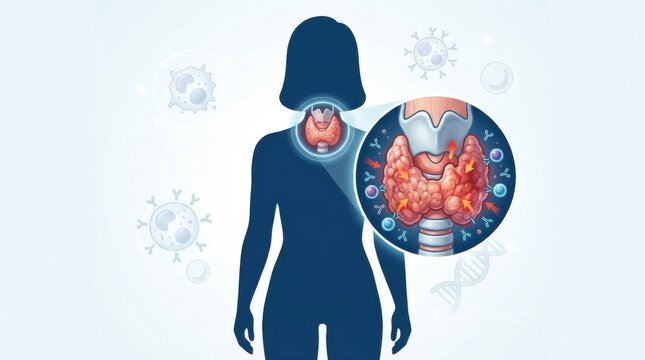 Illustration of the human thyroid gland and immune system response