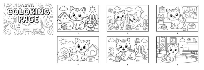 A collection of cute, cartoon-style kitten coloring pages with various indoor and outdoor play scenes in black and white line art. © Hokyubi