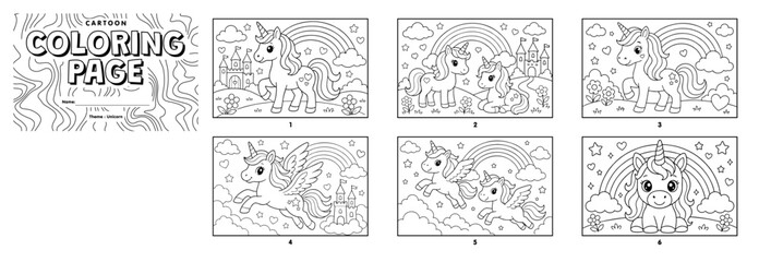 Obraz premium A collection of six adorable, black-and-white cartoon unicorn coloring pages for children, featuring magical elements like rainbows, castles, stars, and clouds.