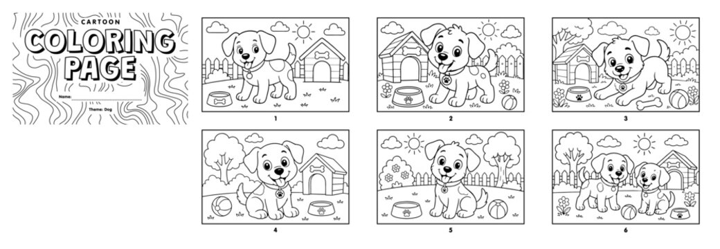 A set of printable cartoon puppy dog coloring book pages for kids featuring a cute pet puppy, doghouse, toys, and outdoor nature scenes.