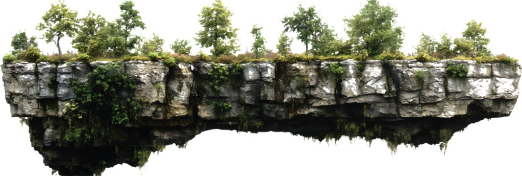 an ultra-realistic, high-resolution image of a forest on top of a cliff, on a transparent background