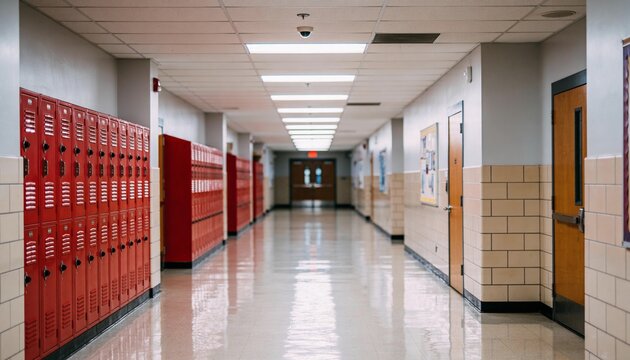 Empty school hallway with red lockers, classroom doors and bright corridor perspective educational themes.