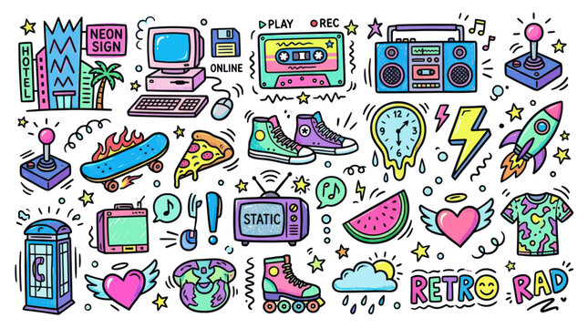 Retro Pop Culture Doodles: 80s & 90s Nostalgia, Vintage Objects, Fun Symbols