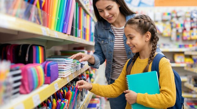 Mother and daughter shopping for colorful school supplies in stationery store representing back to school preparation.