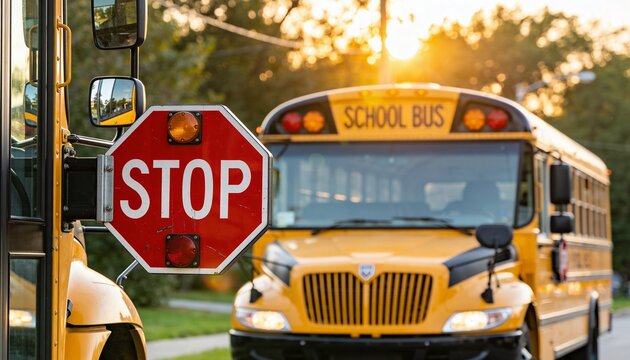 Close up of school bus stop sign with yellow buses on suburban road with copy space.