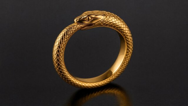 ouroboros. A polished golden ring shaped like a snake biting its tail. event programs, museum guides, designed for cultural heritage projects and event programs, elevates cultural identity.