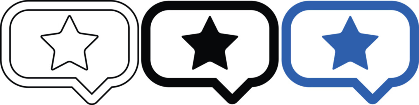 Three speech bubble icons with stars, in black outline, solid black, and blue color.