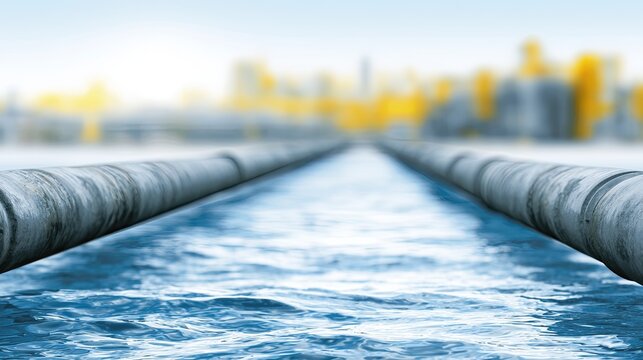 Two parallel pipes above rippling water, leading to a distant city skyline