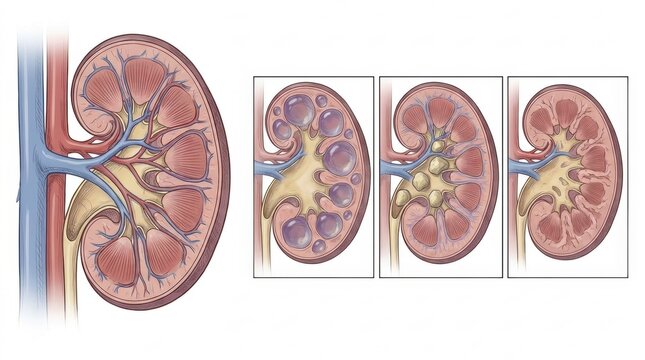 Cross-section of a healthy kidney compared to kidneys with cysts and stones