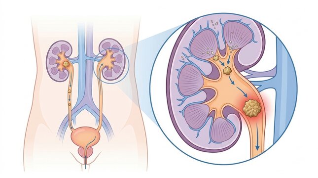 Diagram of kidney stones forming and obstructing the urinary tract