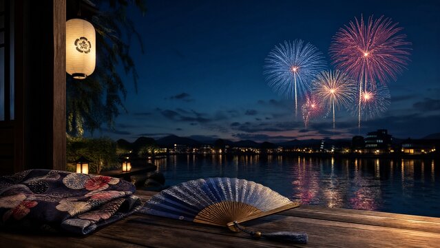 yukata. Folded fan and yukata sleeve on doorstep with fireworks over Sumida River, Tokyo summer celebration. event programs, museum guides, designed for cultural heritage projects and event programs.