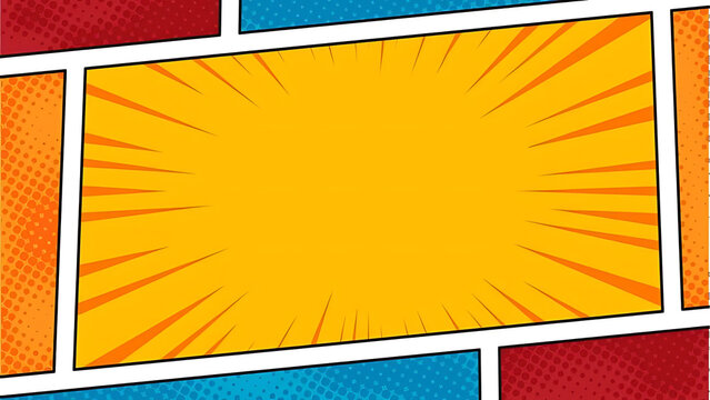Vibrant comic book style background with an empty central panel and dynamic burst lines, perfect for bold messages and retro pop art designs
