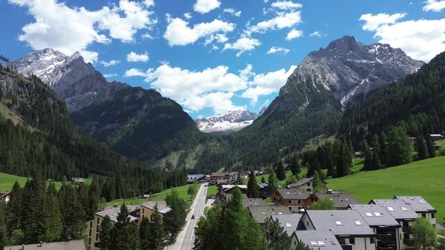 View of the Dolomites from the town of Canazei