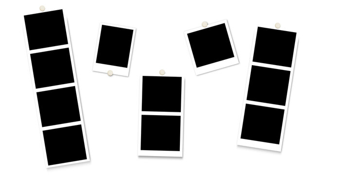 Set of hanging photo booth strip and instant photo frame mockups with push pins. Blank retro picture templates isolated for scrapbooking, memories, branding and creative layouts