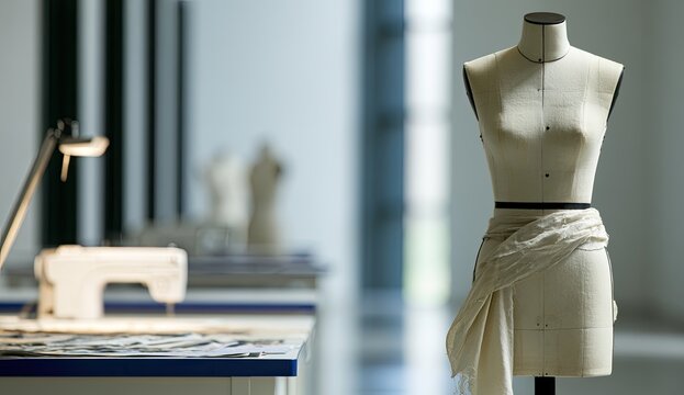 Tailor's dummy draped in fabric stands in a bright studio with sewing machine