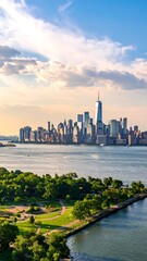 Fototapeta premium Sunlit Manhattan Skyline Rising Beyond River and Green Waterfront Park