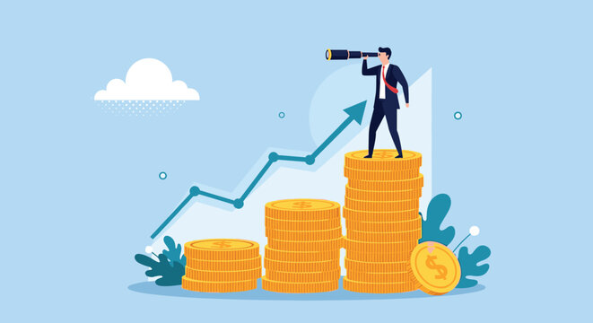Focused businessman uses telescope on coin stacks to forecast future financial trends and monitor market growth for investment success.