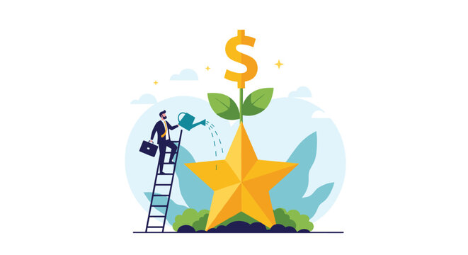 Dedicated professional nurtures career growth by watering dollar sign plant growing from success star symbolizing prosperity and achievement.