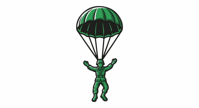 Green toy soldier parachuting with arms outstretched in the air
