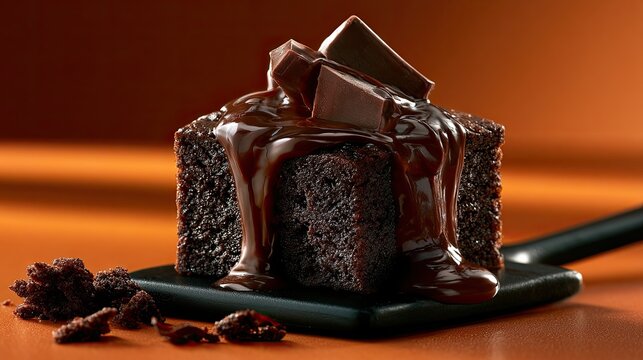 Decadent dark chocolate cake cube with rich ganache and chocolate shards
