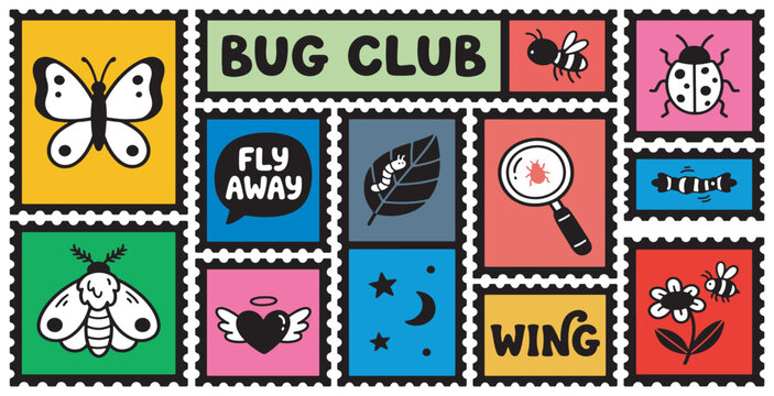 Collection of stylized postage stamps featuring insects and nature elements, with the text 'Bug Club', 'Fly Away', and 'Wing'.