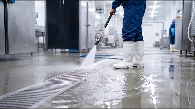 Food processing worker power washing wet floor drain in bright sterile manufacturing plant, strict hygiene and commercial sanitation concept