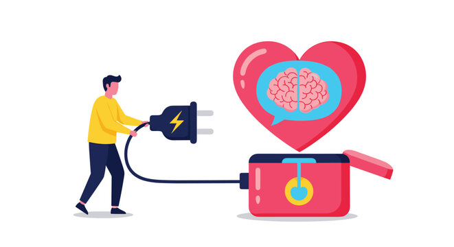 Focused individual connecting a power plug to a device featuring a brain and heart to represent emotional and mental intelligence.