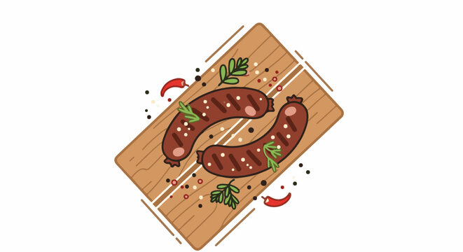 Grilled sausages with peppers and herbs on a wooden board
