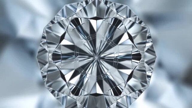 Slow motion tracking shot of faceted diamond rotating and shimmering in macro studio close up with blurred bokeh background