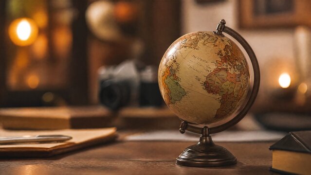 atlas. Miniature globe resting on wooden surface, symbolizing exploration and worldly curiosity. tourism brochures, itinerary planners, designed for travel destination branding.