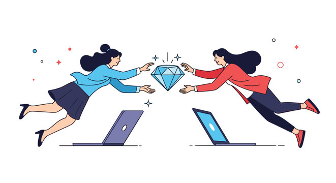 Determined professional women floating through the air toward a giant diamond to represent the pursuit of valuable business goals.