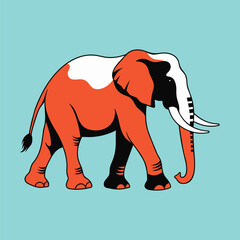Fototapeta premium Graphic illustration of orange elephant with white patches standing against blue background.